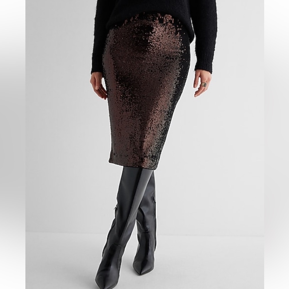 NWT Express XL High Waisted Bronze Midi Sequins Pencil Skirt - Picture 3 of 5